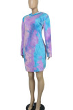 Robes décontractées bleu violet imprimé Tie Dye Patchwork col à capuche droite grande taille