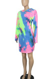 Blue Purple Casual Print Tie Dye Patchwork Hooded Collar Straight Plus Size Dresses