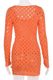 Orange Fashion Sexy Solide ausgehöhlte durchsichtige O-Ausschnitt Langarm-Kleider