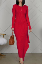 Rote elegante solide Patchwork-Knöpfe Volant asymmetrische gerade Kleider mit O-Ausschnitt