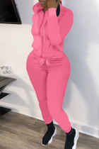Pink Casual Solid Patchwork Zipper Hooded Collar Long Sleeve Two Pieces