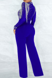 Macacão azul fashion sexy patchwork tie-dye transparente meia gola alta