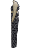 Negro sexy estampado patchwork halter sin mangas dos piezas