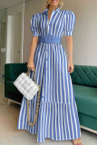 White Fashion Elegant Striped Solid Buckle With Belt Shirt Collar A Line Dresses