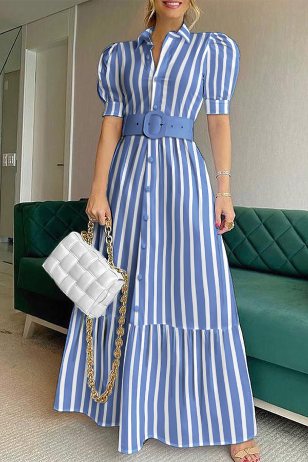 Stripe Fashion Elegant Striped Solid Buckle mit Gürtel Hemdkragen A-Linie Kleider