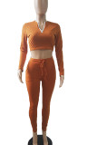 Tangerine Casual Solid Patchwork Zipper Collar Long Sleeve Two Pieces