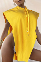 Top con colletto con cappuccio asimmetrico patchwork solido giallo sexy