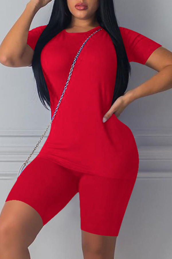 Красный вязаный сексуальный однотонный костюм из двух предметов в стиле пэчворк, прямой, с коротким рукавом