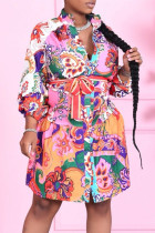 Flerfärgat Mode Casual Print Enkel turndown-krage Långärmade klänningar