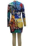 Robes jupe crayon multicolores à imprimé sexy en patchwork avec col à fermeture éclair