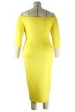 Yellow Casual Solid Patchwork Off the Shoulder Long Sleeve Plus Size Dresses
