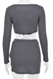 Grey Sexy Solid Patchwork Asymmetrical Zipper O Neck Long Sleeve Two Pieces