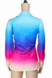 Blauw Roze Werk Geleidelijke Verandering Patchwork Omslagkraag Bovenkleding