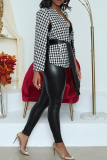 Black And White Casual Plaid Patchwork V Neck Outerwear
