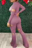 Pink Sexy Solid Hollowed Out Half A Turtleneck Long Sleeve Two Pieces