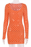 Orange Fashion Sexy Solid Hollowed Out See-through O Neck Long Sleeve Dresses