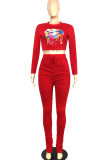 Rose Red Casual Print Patchwork O Neck Long Sleeve Two Pieces