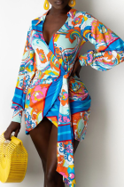 Robe chemise à col rabattu et patchwork imprimé sexy multicolore Robes