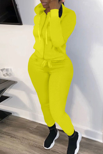 Yellow Casual Solid Patchwork Zipper Hooded Collar Long Sleeve Two Pieces