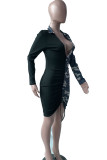 Green Sexy Camouflage Print Patchwork Draw String Fold Asymmetrical V Neck Pencil Skirt Dresses