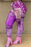 Фиолетовый повседневный принт в стиле пэчворк Узкие брюки Harlan со средней талией и полным принтом
