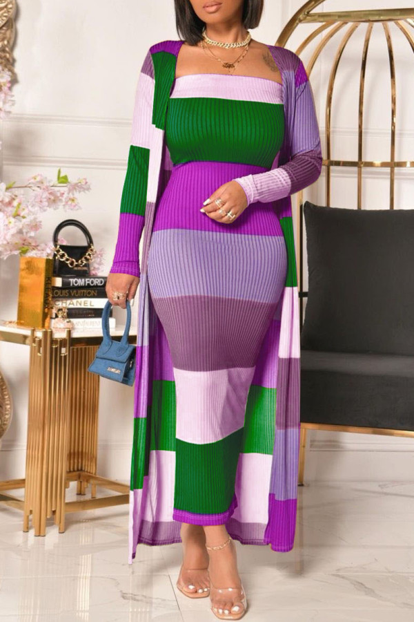 Пурпурный Мода Повседневная Пэчворк Основные с длинным рукавом из двух частей
