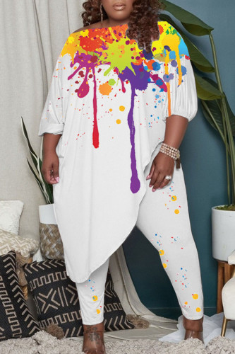 Blanc Casual Imprimé Patchwork Asymétrique Hors De L'épaule Plus La Taille Deux Pièces