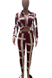 Red Casual Striped Print Patchwork Buckle Turndown Collar Long Sleeve Two Pieces