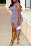 Фиолетовая повседневная однотонная лоскутная юбка-карандаш с высоким открытием и складками, асимметричная юбка-карандаш с U-образным вырезом, платья больших размеров
