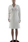 White Casual Solid Patchwork Turndown Collar Long Sleeve Dresses