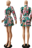 Turquoise Sweet Print Patchwork Turndown Collar Long Sleeve Two Pieces