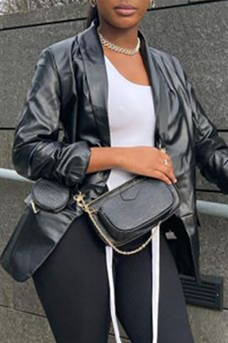 Black Fashion Casual Solid Cardigan Turndown Collar Outerwear