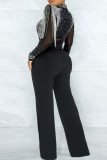 Schwarze, modische, sexy, durchsichtige Patchwork-Tie-Dye-Overalls mit halbem Rollkragen