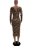 Абрикосовые сексуальные леопардовые лоскутные платья с открытыми плечами и юбкой-карандашом