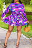 Фиолетовые модные повседневные платья больших размеров с принтом и круглым вырезом с длинным рукавом