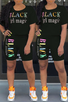 ブラックカジュアルファッションスリムフィットツーピーススーツレターソリッドレギュラー半袖