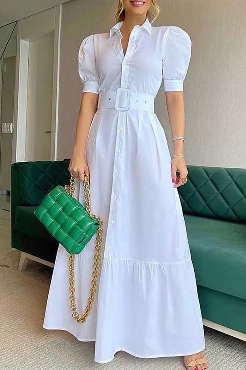 

White Fashion Elegant Striped Solid Buckle With Belt Shirt Collar A Line Dresses
