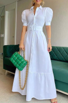 Белая мода Элегантная полосатая сплошная пряжка с поясом Воротник рубашки A Line Платья