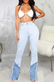 Baby Blue Casual Solid Patchwork Mid Waist Boot Cut Flare Leg Denim Jeans