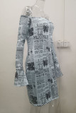 Bruine sexy print patchwork off-shoulder rechte jurken