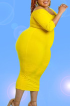 Gele casual effen patchwork off-shoulder lange mouwen grote maten jurken