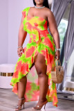 Gele mode sexy print patchwork one-shoulder onregelmatige jurkjurken