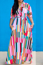 Pink Casual Stripe Print Turn-down Collar Half Sleeve Long Summer With Belt Loose Maxi Shirts Dress