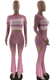 Pink Sexy Solid Hollowed Out Half A Turtleneck Long Sleeve Two Pieces
