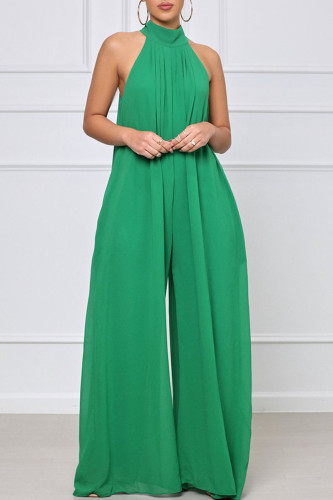 Green Elegant Solid Patchwork Halter Straight Jumpsuits