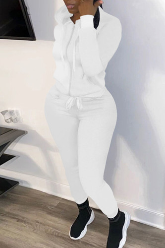 White Casual Solid Patchwork Zipper Hooded Collar Long Sleeve Two Pieces