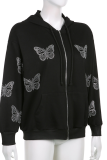 Capispalla casual con colletto con cappuccio patchwork con stampa farfalla bianca