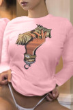 Pink O Neck Langarm Slim Fit Print T-Shirts & T-Shirts