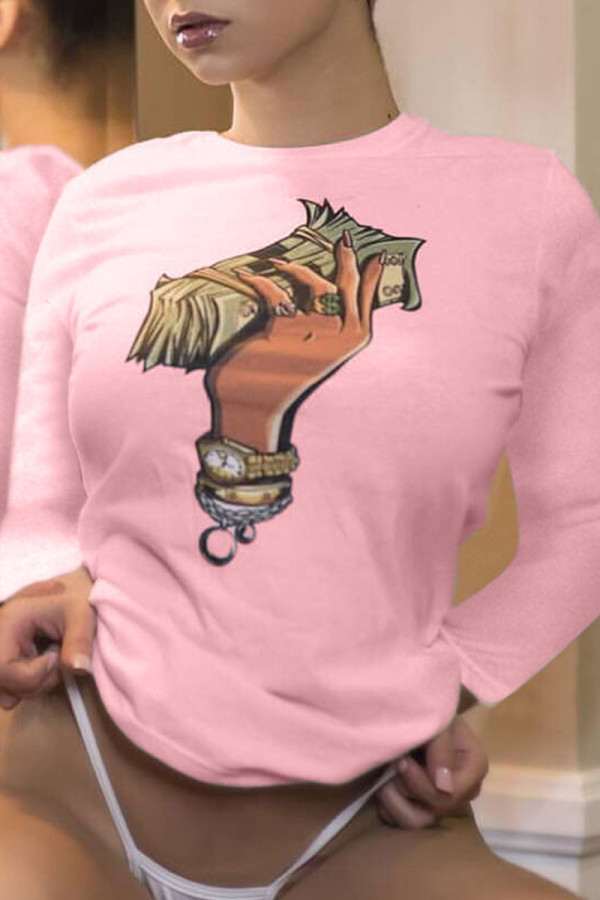 Camisetas e camisetas estampadas de manga comprida rosa com gola O e slim fit