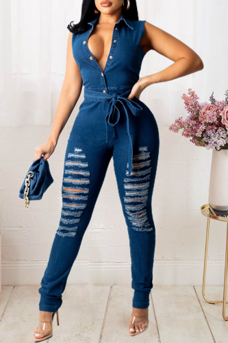 Dark Blue Sexy Solid Patchwork Turndown Collar Skinny Jumpsuits